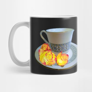 Fancy a cup of tea ? - saying with teacup, saucer and yellow roses with red tips Mug